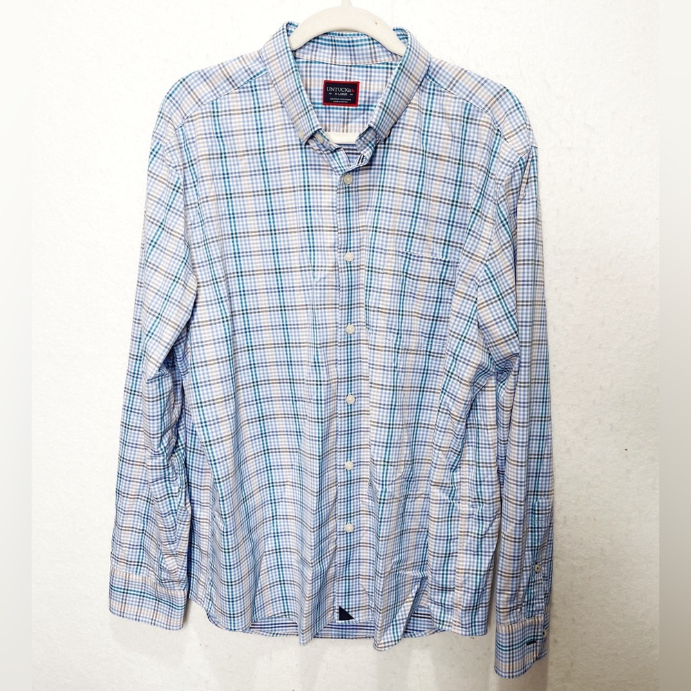 UNTUCKit Men’s Long Sleeve Button Shirt XL Blue Plaid Scansano Nylon Elastane